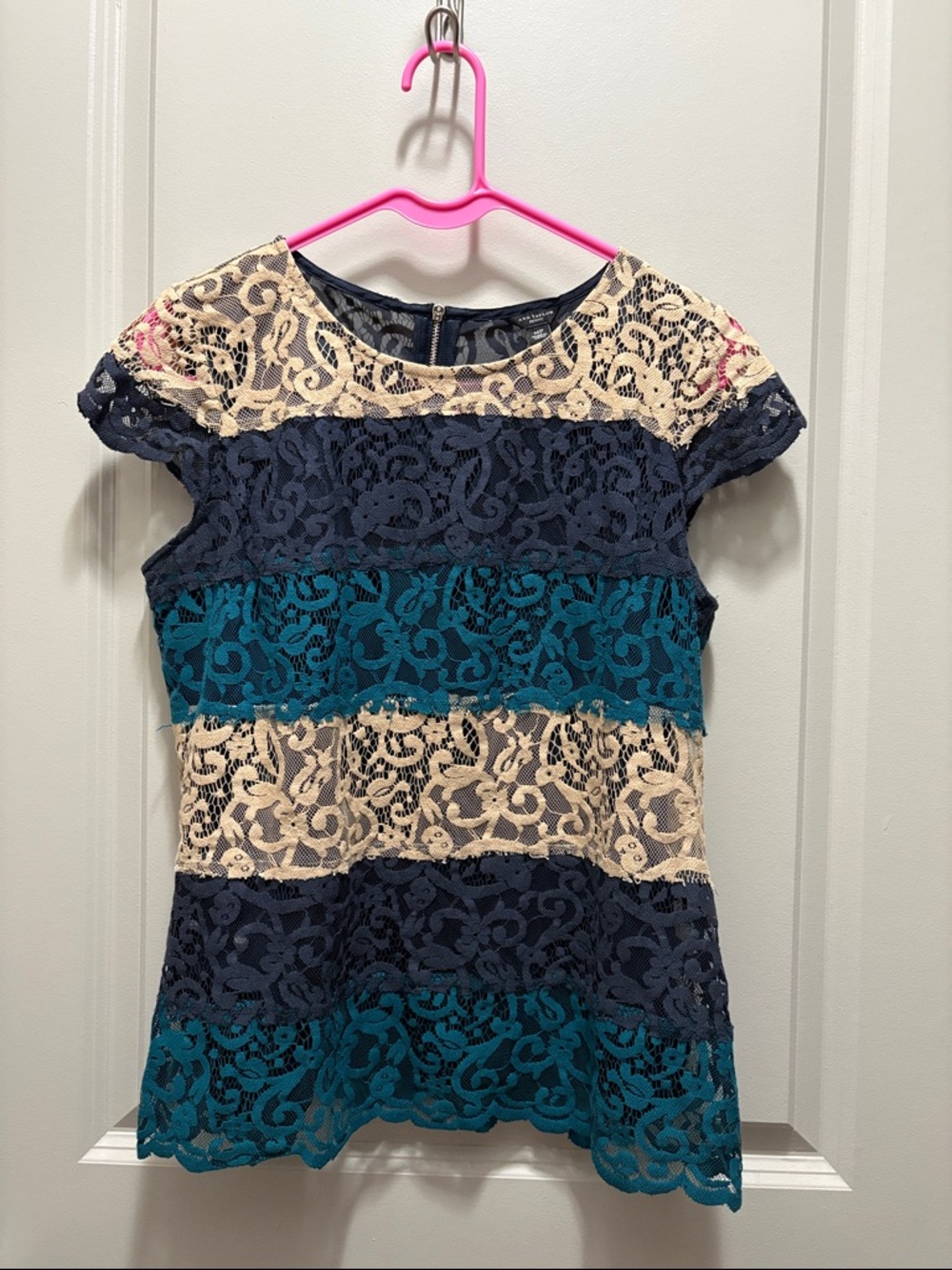 Ann Taylor Navy, Teal & Cream Lace Stripe Cap-Sleeve Top